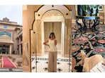 High-waisted beige linen trousers paired with a boat-neck peplum top and soft slide flats (Hindustan Times)