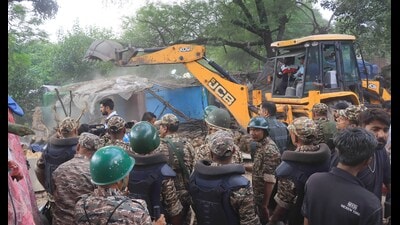 A demolition drive in Ramdarbar, Chandigarh, on Sunday. (Keshav Singh/HT)