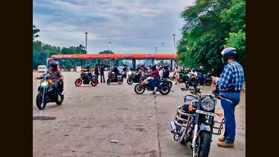 Bikers gathering near the Chandigarh toll plaza on Sunday morning. (HT Photo)