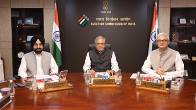 CEC Gyanesh Kumar, along with ECs Vivek Joshi and Sukhbir Singh Sandhu during a meeting at Nirvachan Sadan in New Delhi on Saturday. (X/@ECISVEEP) CEC Gyanesh Kumar, along with ECs Vivek Joshi and Sukhbir Singh Sandhu during a meeting at Nirvachan Sadan in New Delhi on Saturday. (X/@ECISVEEP)