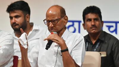 Mumbai, India. June 10, 2026 - Sharad Pawar, chief of the National Congress Party (NCP/SP), addressed party members at the YB Chavan Centre in South Mumbai during the party's 27th foundation day anniversary. The event marked the party's foundation day, and Jayawant Patil, Shashikant Shinde, Supriya Sule, Rohit Pawar and other leaders were also present. Mumbai, India. June 10, 2026. (Photo by Raju Shinde/HT Photo) (Raju Shinde) Mumbai, India. June 10, 2026 - Sharad Pawar, chief of the National Congress Party (NCP/SP), addressed party members at the YB Chavan Centre in South Mumbai during the party's 27th foundation day anniversary. The event marked the party's foundation day, and Jayawant Patil, Shashikant Shinde, Supriya Sule, Rohit Pawar and other leaders were also present. Mumbai, India. June 10, 2026. (Photo by Raju Shinde/HT Photo) (Raju Shinde)