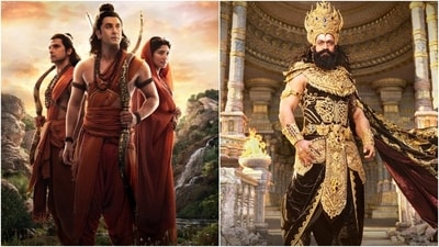 Ravi Dubey, Ranbir Kapoor, Sai Pallavi and Yash in posters from Ramayana: Part One.