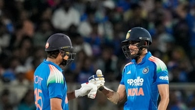 Rohit Sharma and Shubman Gill got India off to a good start in the run chase with a 74-run opening stand. Rohit got out for 32. (PTI) Rohit Sharma and Shubman Gill got India off to a good start in the run chase with a 74-run opening stand. Rohit got out for 32. (PTI)