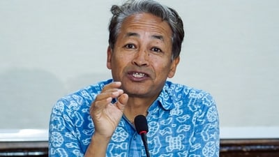 Climate activist Sonam Wangchuk addresses a press conference regarding Ladakh-related issues one year after the Leh violence at the Press Club of India, in New Delhi on Sunday. (ANI)