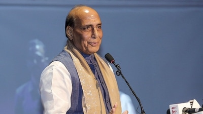Union defence minister Rajnath Singh addresses an event in Noida, UP. (@rajnathsingh/X)