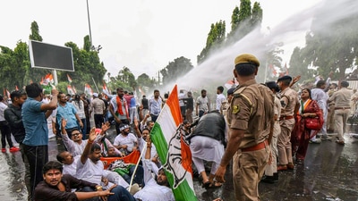 Police use water cannon to disperse Congress workers during a protest rally against the State Election Commission over alleged unilateral decisions by Chief Election Commissioner Gyanesh Kumar in Patna on Friday. (ANI) Police use water cannon to disperse Congress workers during a protest rally against the State Election Commission over alleged unilateral decisions by Chief Election Commissioner Gyanesh Kumar in Patna on Friday. (ANI)