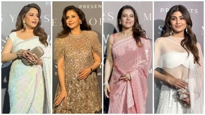 Madhuri Dixit, Urmila Matondkar, Kajol and Shilpa Shetty attend Manish Malhotra's Mijwan showcase. 