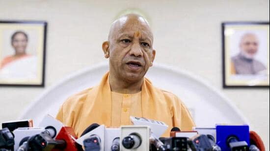Chief minister Yogi Adityanath at a press conference at his official residence in Lucknow on Sunday. (PTI PHOTO)