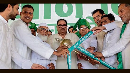 INLD president Abhay Chautala along with other party leaders during the Samman Diwas rally in Mewat on Sunday. (HT Photo)