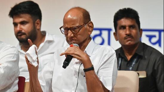 Mumbai, India. June 10, 2026 - Sharad Pawar, chief of the National Congress Party (NCP/SP), addressed party members at the YB Chavan Centre in South Mumbai during the party's 27th foundation day anniversary. The event marked the party's foundation day, and Jayawant Patil, Shashikant Shinde, Supriya Sule, Rohit Pawar and other leaders were also present. Mumbai, India. June 10, 2026. (Photo by Raju Shinde/HT Photo) (Raju Shinde)