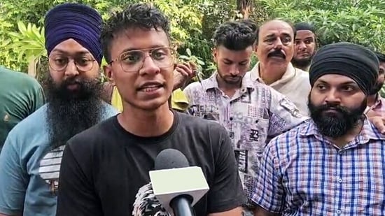 Saheb (the victim) speaks to the media after being reportedly slapped by Delhi PWD Minister Parvesh Verma during a road inspection row in Tilak Nagar, in New Delhi on Sunday.