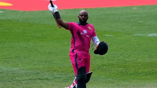 South Africa's captain Temba Bavuma celebrates his century. 