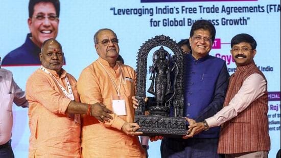 Uniin minister Piyush Goyal with UP minister Bhupendra Chaudhary and others at the UP International Trade Show in Greater Noida on Sunday. (PTI)
