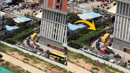 A Bengaluru woman shared a video showing cars stuck in traffic inside a residential society on a Saturday afternoon.