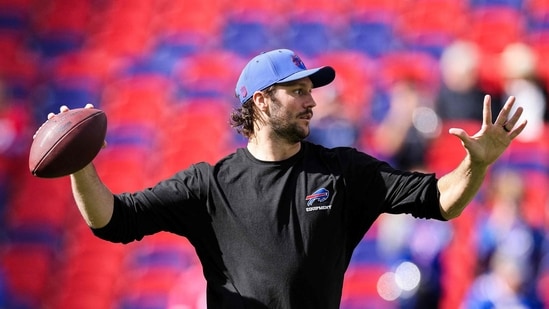 Josh Allen of the Buffalo Bills throws a pass during warm-ups prior to a game against the Los Angeles Chargers at Highmark Stadium on September 27.