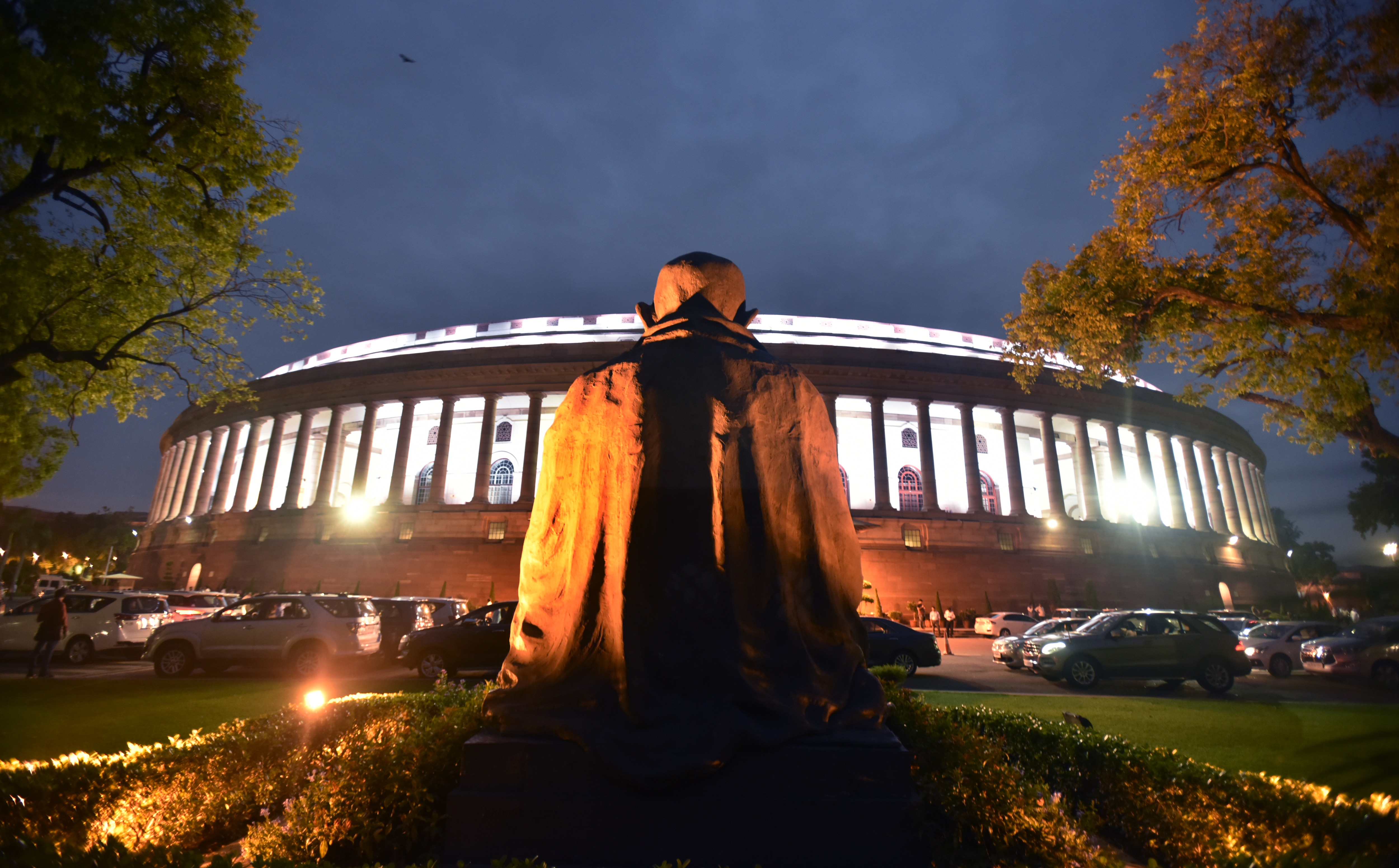 The old Parliament building, illuminated ahead of Independence Day, in New Delhi, 2019. (Raj K Raj/HT File Photo)