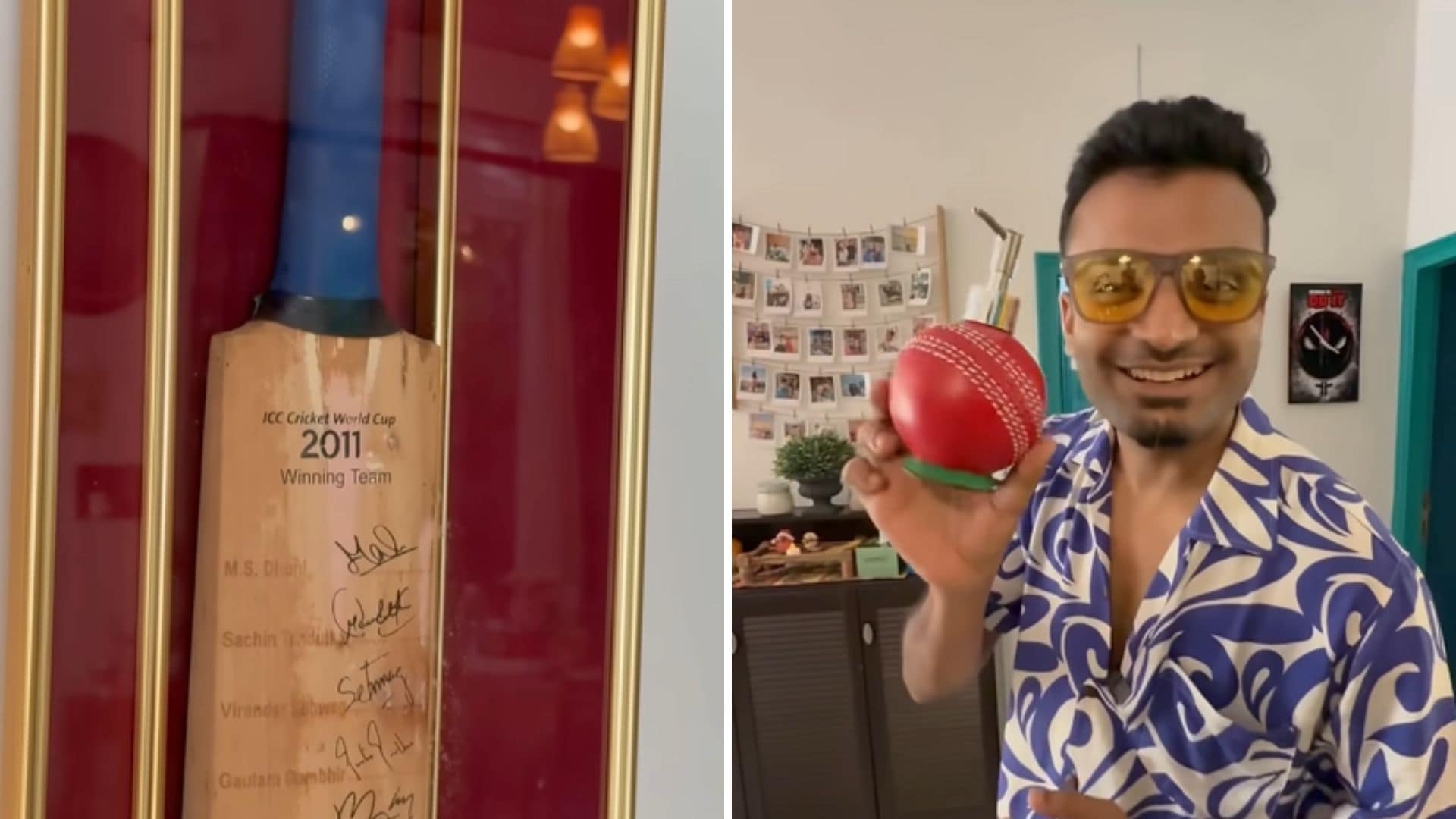 (L-R) The autographed bat from the 2011 World Cup-winning Indian men's cricket team and the soap dispenser that is shaped like a cricket ball. ( @priyamsaraswat/Instagram) (L-R) The autographed bat from the 2011 World Cup-winning Indian men's cricket team and the soap dispenser that is shaped like a cricket ball. ( @priyamsaraswat/Instagram)