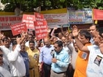 Members of the United Forum of Bank Unions (UFBU) raise slogans ahead of a three-day nationwide bank strike at Gardanibagh in Patna, Bihar, India. (Antosh Kumar/ HT photo)(Representative Image)