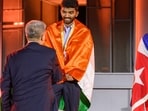 D Gukesh on the podium in Samarkand