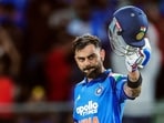 India's Virat Kohli celebrates his century during the 1st ODI against the West Indies at Greenfield International Stadium. India's Virat Kohli celebrates his century during the 1st ODI against the West Indies at Greenfield International Stadium.