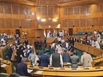 Chaos marred Day 5 of the Jammu and Kashmir assembly autumn session on Monday as BJP legislators submitted a formal motion seeking the removal of Speaker Abdul Rahim Rather.The BJP MLAs said the assembly was exceeding its constitutional jurisdiction by deliberating on resolutions concerning special status and greater autonomy. (HT Photo)