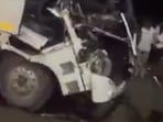 In Greater Noida, a driver in his 30s was left wounded after his bus carrying 30 passengers rammed into a moving truck from behind on the Eastern Peripheral Expressway on the intervening night of Saturday and Sunday. (HT Photo)