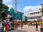 Security personnel keep vigil following stone-pelting incidents during protests against the proposed removal of a portion of the 'Shahi Masjid' for road widening, in Ujjain, Madhya Pradesh, Monday.