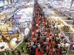 People gather during the fourth edition of the UP International Trade Show in Greater Noida onSunday (PTI)
