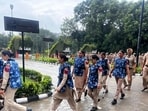 Police personnel, supervised by SSPs from 10 districts, were stationed on the Lovely Professional University, Phagwara, campus on Monday. (HT Photo)