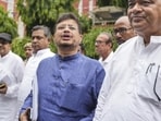 West Bengal Leader of the Opposition Ritabrata Banerjee, centre, speaks to the media outside Nirvachan Sadan on July 2. (PTI)