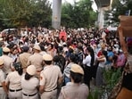 Students of Lady Shri Ram College (LSR) take part in a protest march near the college, raising concerns over women’s safety following the alleged gang rape of a 17-year-old girl at Aastha Kunj Park near Kalkaji(Sanchit Khanna/Hindustan Times)