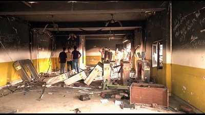 A view of a vandalised room by students during a protest at Lovely Professional University (LPU), in Jalandhar on Sunday. (ANI Video Grab) A view of a vandalised room by students during a protest at Lovely Professional University (LPU), in Jalandhar on Sunday. (ANI Video Grab)