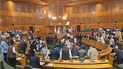 Chaos marred Day 5 of the Jammu and Kashmir assembly autumn session on Monday as BJP legislators submitted a formal motion seeking the removal of Speaker Abdul Rahim Rather.The BJP MLAs said the assembly was exceeding its constitutional jurisdiction by deliberating on resolutions concerning special status and greater autonomy. (HT Photo)