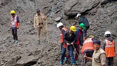 Rudraprayag: Rescue and disaster management personnel clear debris and boulders to restore the damaged Kedarnath pedestrian trek route following a landslide near the Chirbasa helipad, in Rudraprayag district, Uttarakhand on Monday. (PTI) Rudraprayag: Rescue and disaster management personnel clear debris and boulders to restore the damaged Kedarnath pedestrian trek route following a landslide near the Chirbasa helipad, in Rudraprayag district, Uttarakhand on Monday. (PTI)