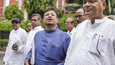West Bengal Leader of the Opposition Ritabrata Banerjee, centre, speaks to the media outside Nirvachan Sadan on July 2. (PTI)