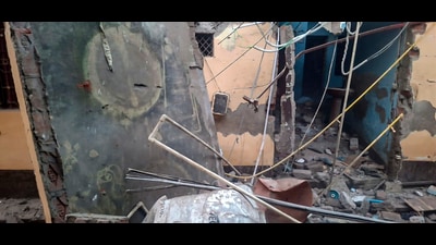 Wreckage of a house after a domestic LPG cylinder exploded, causing a two-storey building to collapse, at Malwan, in Fatehpur district, Monday. (PTI) Wreckage of a house after a domestic LPG cylinder exploded, causing a two-storey building to collapse, at Malwan, in Fatehpur district, Monday. (PTI)