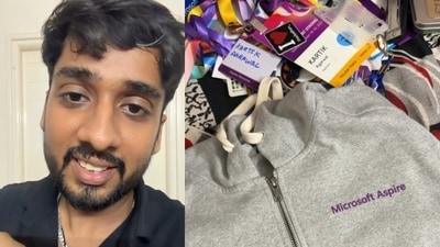 A Microsoft employee revealed his huge goodies collection, including 13 T-shirts, jackets, bags and power banks. (Instagram/kartikhustles)