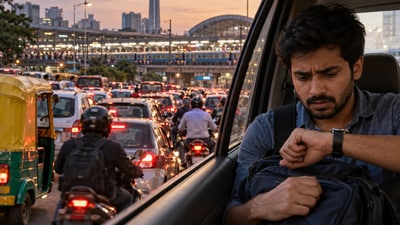 A Bengaluru man reached the railway station just two minutes before departure after cab delays and heavy traffic. (Representational image generated using AI) A Bengaluru man reached the railway station just two minutes before departure after cab delays and heavy traffic. (Representational image generated using AI)