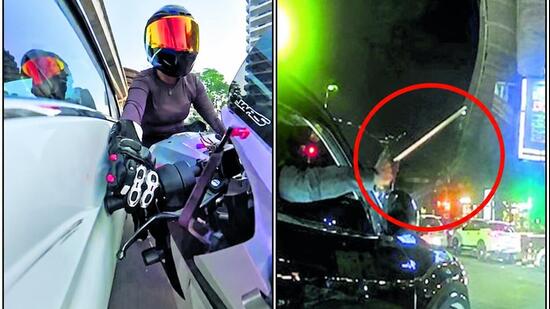 (First from left) The widely shared September 14 road-rage incident on Golf Course Road, in which Shivani “Sia” Chauhan was injured; and another road-rage incident on the road on August 25, in which an SUV attacked a mother-daughter duo’s car. (@rebelwheels_sia_/Instagram; sourced)