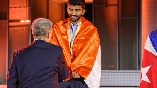 D Gukesh on the podium in Samarkand