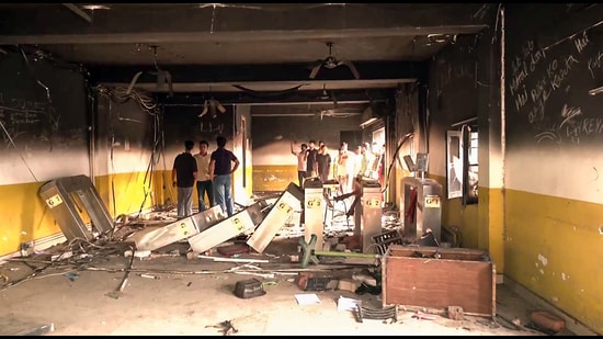A view of a vandalised room by students during a protest at Lovely Professional University (LPU), in Jalandhar on Sunday. (ANI Video Grab)
