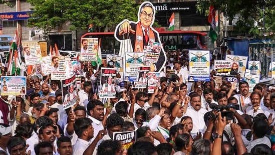 *Tamil Nadu Congress Committee (TNCC) President Manickam Tagore along with party supporters stage a protest against Chief Election Commissioner (CEC) Gyanesh Kumar, demanding his resignation