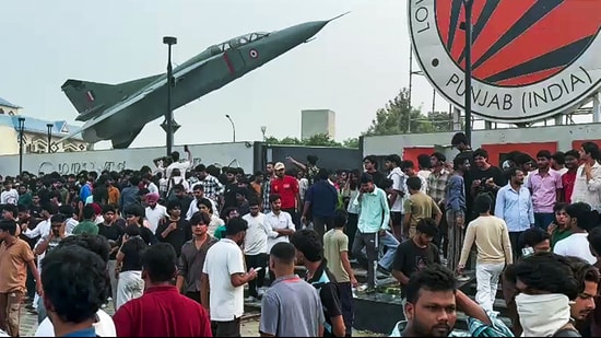 Students hold a protest at Lovely Professional University (LPU), in Jalandhar on Sunday. (ANI Video Grab)