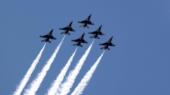 The US Air Force Thunderbirds were spotted flying over Huntington Beach, California.