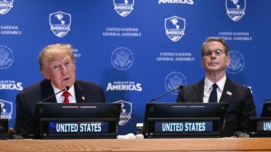 US President Donald Trump and Secretary of Treasury Scott Bessent participate in a meeting on the sidelines of the 81st United Nations General Assembly in New York, on September 22, 2026.