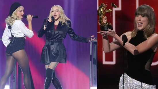 Madonna performing with Sabrina Carpenter and (right) Taylor Swift
