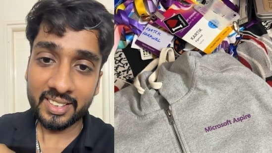 A Microsoft employee revealed his huge goodies collection, including 13 T-shirts, jackets, bags and power banks. (Instagram/kartikhustles)