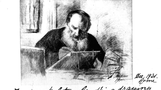 A sketch of Leo Tolstoy by his daughter, Tatiana Sukhotina Tolstoy, sent to Mahatma Gandhi in 1931 (Mahatma Gandhi, Early Phase, Vol 1, Pyarelal)