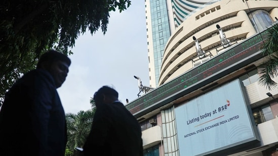 Signage marking the listing of National Stock Exchange of India Ltd. (NSE) displayed at the Bombay Stock Exchange (BSE) in Mumbai on Sept 24
