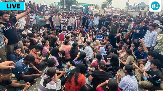 Students of Lovely Professional University (LPU) stage a protest and block the Jalandhar-Phagwara National Highway outside the campus over claims that a female student was raped on the university premises, near Phagwara, Punjab.